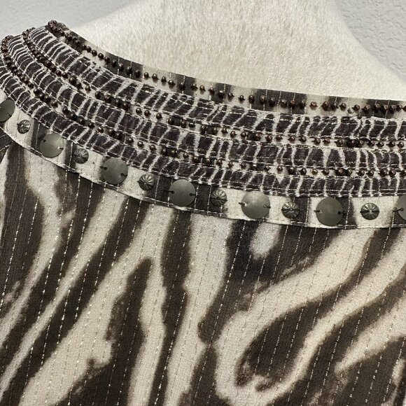 Chico's Women's Animal Print Silk Blend Beaded Sheer Tunic Size 1 Medium Brown - Picture 3 of 10